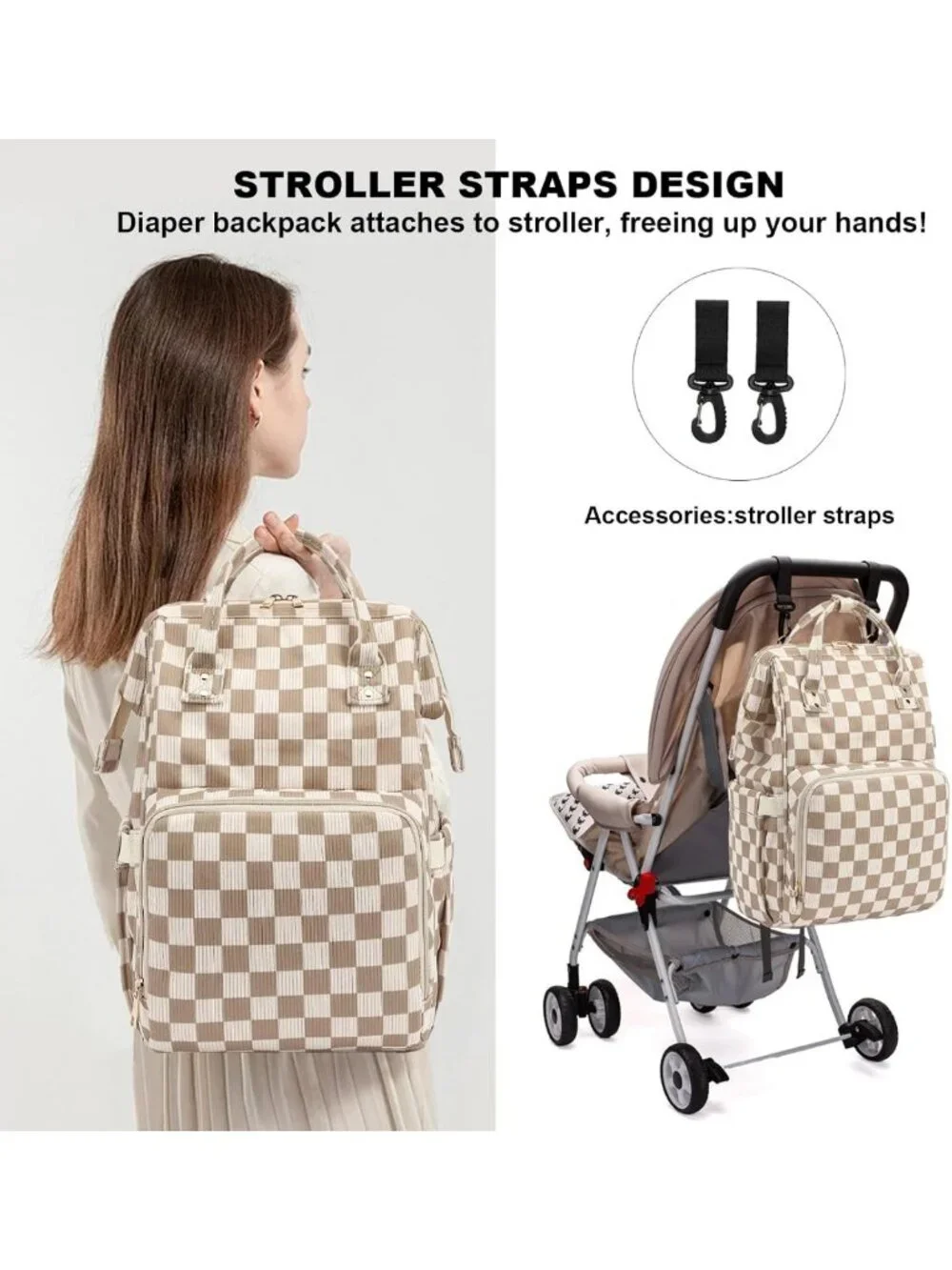 Stylish Large Capacity Baby Diaper Bag Backpack with Stroller Straps - Unisex